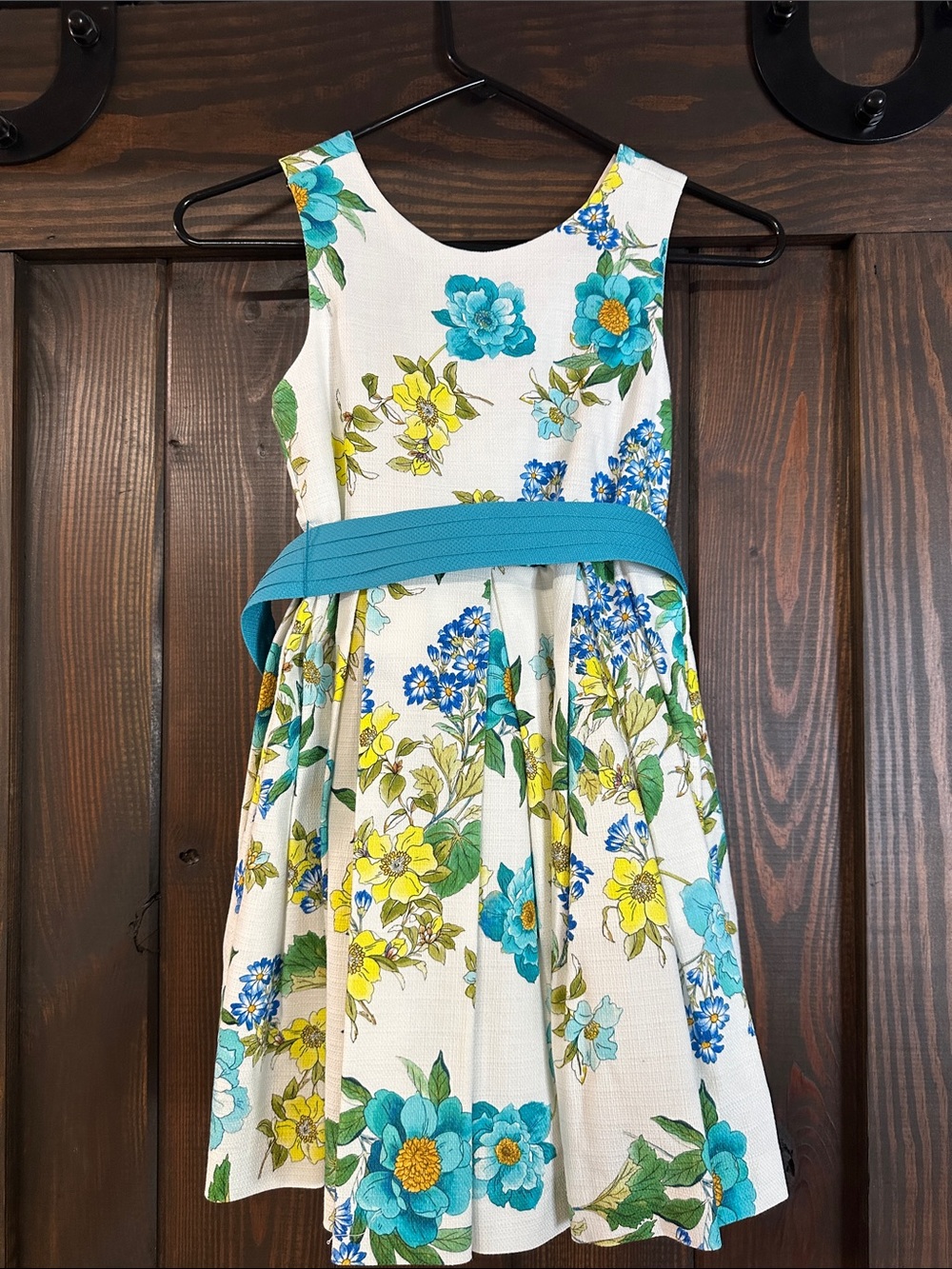 Girls White Floral Fit-and-Flare Dress with Teal Sash